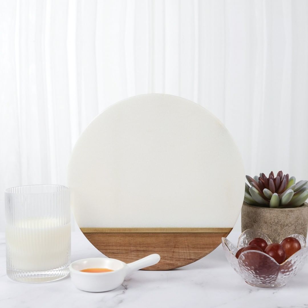 IUIGA Round Wood & Marble Serving Tray